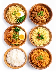 different noodle  in different wooden bowls