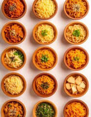 different noodle  in different wooden bowls