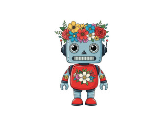 Cute robot wearing flowers isolated on transparent background isolated on transparent background