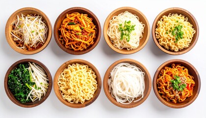 different noodle  in different wooden bowls