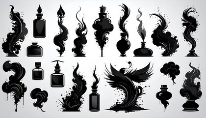 Black silhouettes of ink bottles and swirling smoke