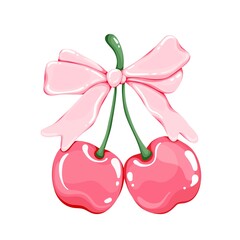 Pink Cherries Digital Clipart - Kawaii Glossy Cherry Fruit with Bow Cute Sweet Summer Element