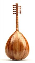 Close up view of a brown wooden oud, a stringed musical instrument, shown from the back against a plain white background.
