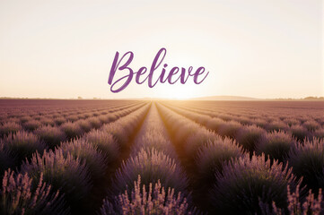 Believe lavender field sunrise inspirational nature purple landscape flower morning calm peaceful motivation quote rural agriculture summer outdoor horizon sunlight sky tranquil scenic beauty