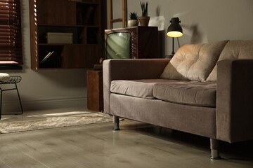 Soft sofa, retro TV set and other used stuff indoors