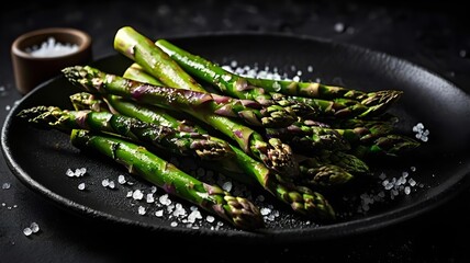 Freshly cooked green asparagus stalks with salt on a black surface