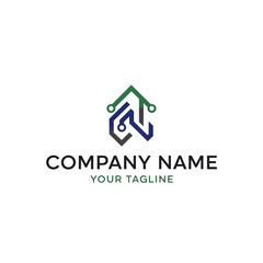 A modern logo design featuring a stylized tech-inspired house shape with circuit elements.