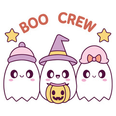 Cute boo crew of three halloween ghosts isolated on white background adorable cartoon characters wearing hats and holding a pumpkin basket for trick or treat