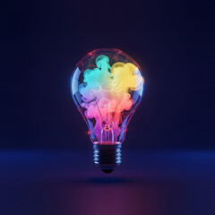A lightbulb filled with colorful smoke and neon glow - Innovation and Imagination Concept