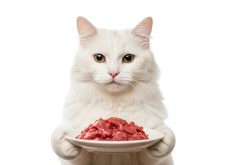 White cat holding a bowl of food isolated on transparent background isolated on transparent background