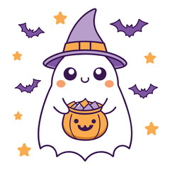 Adorable halloween ghost isolated on white background cute cartoon character wearing a witch hat and holding a pumpkin basket for trick or treat