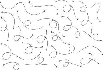 Dual sided Hand drawn curve line arrow. Double side curved outline arrows set. two side Wavy line arrow collection. zigzag arrows