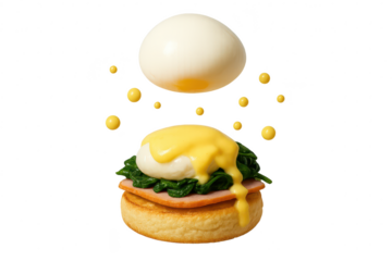 Eggs Benedict isolated on transparent background with floating poached egg.