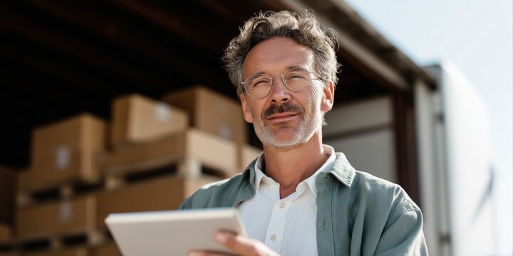 Mature caucasian male using tablet in a warehouse