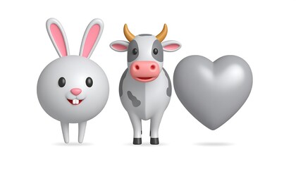 Cute cartoon animals and heart.  3D renderings