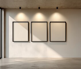 Three Large Blank Black Metal Frames on Retro Painted Concrete Wall, Minimalistic Interior Mockup