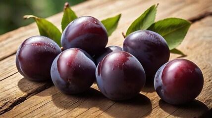 A pile of fresh purple plums on a rustic wooden table.
