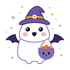 Adorable halloween ghost in witch hat with candy bag isolated on white background vector illustration for halloween card and invitation