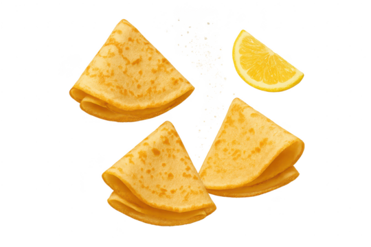 Delicious golden crepes with fresh lemon and sugar, isolated on transparent background