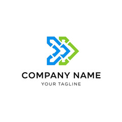 Abstract arrow logo design with blue and green interlocking shapes.