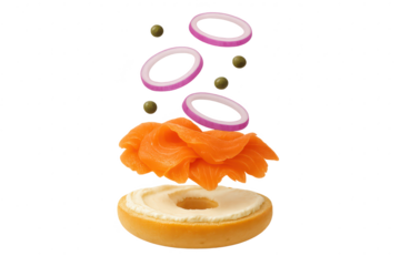 Lox bagel sandwich ingredients floating, cut-out on transparent background.