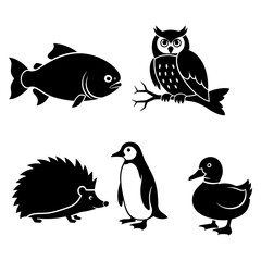 Silhouettes of Various Animals Including a Fish, Owl, Hedgehog, Penguin, and Duck Black and White