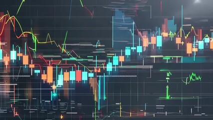 Dynamic multi-colored financial stock line graphs animating smooth transitions, glowing data points peaks lows, transparent overlays minimal dark abstract clean professional fintech visualization, 4K - Powered by Adobe