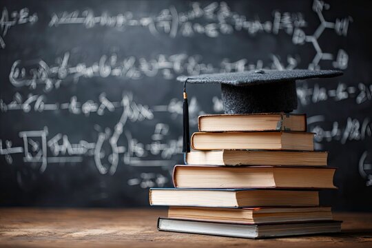 Stack of books and graduation cap against a chalkboard background