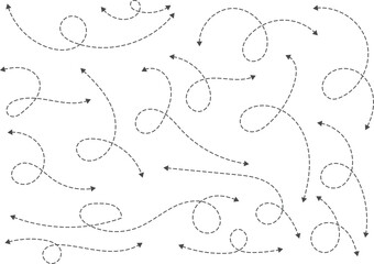 Dual sided Hand drawn curve dotted line arrow. Double side curved Dashed outline arrows set. two side Wavy dot line arrow collection. zigzag arrows