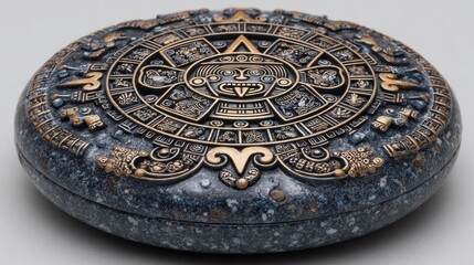 Obraz premium Close up view of a dark blue, round replica of an Aztec calendar. Intricate gold details and textures are visible.
