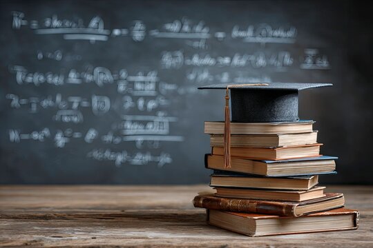 A stack of old books topped with a graduation cap against a chalkboard