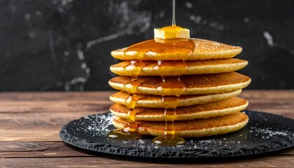 pancakes on the plate and pour gravy to the pancake on the wooden table