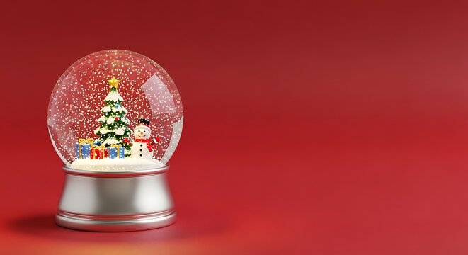 A festive snow globe with a christmas tree, snowman, and presents inside, set against a vibrant red backdrop creating a cheerful holiday scene