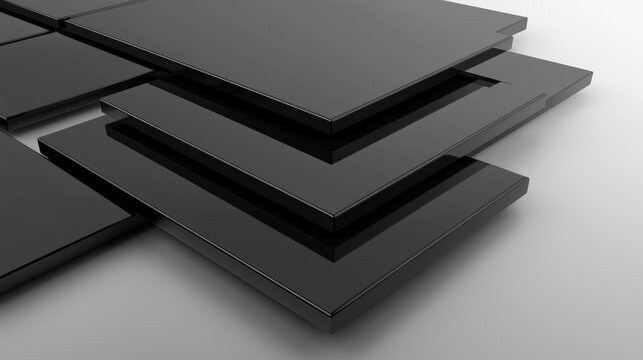 A 3D rendering of a stack of black rectangular objects.