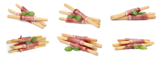 Delicious grissini sticks with prosciutto isolated on white, set