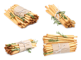 Delicious grissini sticks with rosemary isolated on white, set