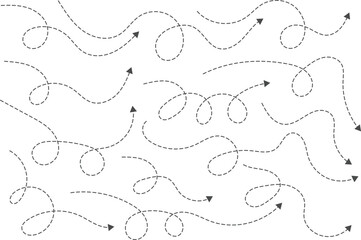 Hand drawn curve dotted line arrow. curved Dashed outline arrows set. Wavy dot line arrow collection. zigzag arrows