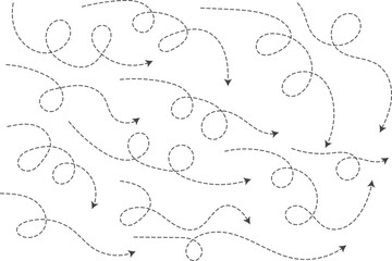 Hand drawn curve dotted line arrow. curved Dashed outline arrows set. Wavy dot line arrow collection. zigzag arrows
