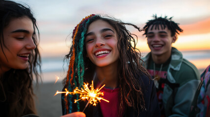 Young friends at a beach sunset holding a glowing sparkler, smiling and celebrating together in a joyful, diverse summer evening scene of friendship and fun