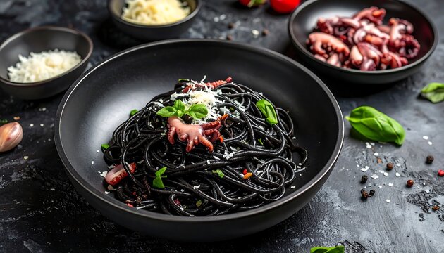 Black spaghetti with octopus and parmesan