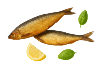 Two golden smoked sprats with lemon and basil on transparent background isolated