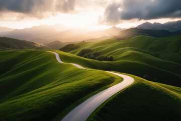 Winding road through rolling green hills bathed in warm sunset light, sunbeams piercing clouds and leading the eye toward a serene, scenic countryside horizon