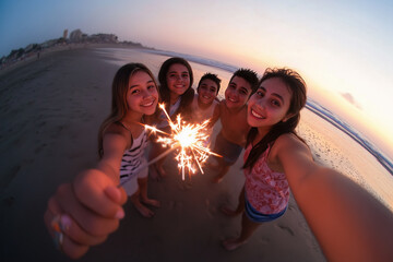 Happy young friends holding a bright sparkler and smiling at the camera during a joyful celebration on the beach as the sun sets, creating a warm and vibrant atmosphere