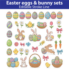 Easter Egg and Bunny Set &ndash; Cute Holiday Vector Illustrations of Rabbits, Painted Eggs, Baskets, Flowers, and Spring Celebration Elements

