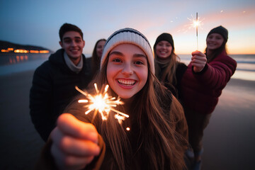Group of young friends smiling and celebrating together, holding active sparklers on a beach during twilight with the sky reflecting warm hues creating a joyful and festive atmosphere