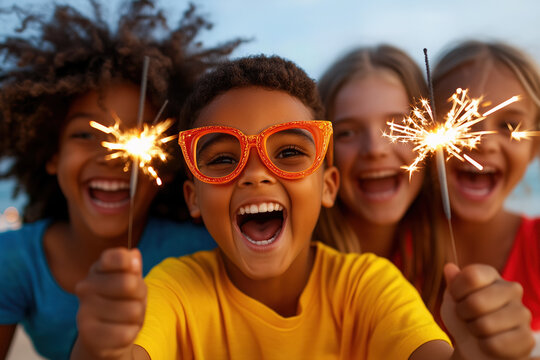 Diverse group of enthusiastic children holding sparklers and cheering, smiling brightly, capturing the essence of friendship, joy, summer celebration, and festive fun outdoors