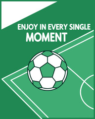 Green soccer ball on a green field with white lines and text football sport
