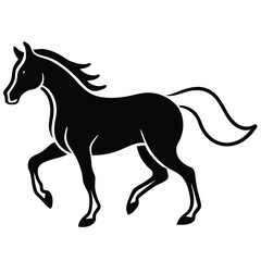 Silhouette of a black horse trotting, side view