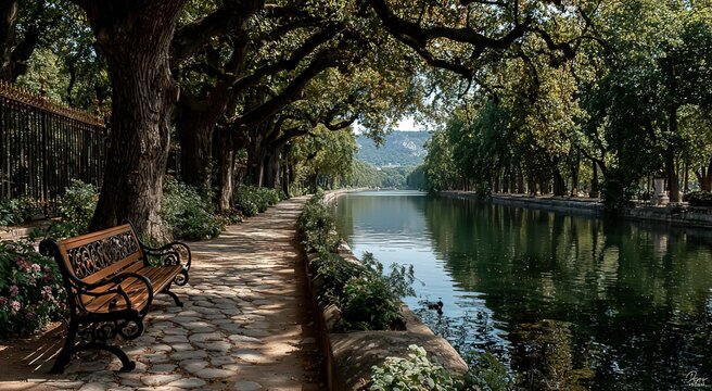Summer day at Place de la Concorde park, tree-lined avenue with empty bench and lake, sunny landscape in 8K resolution, Canon EOS style photography