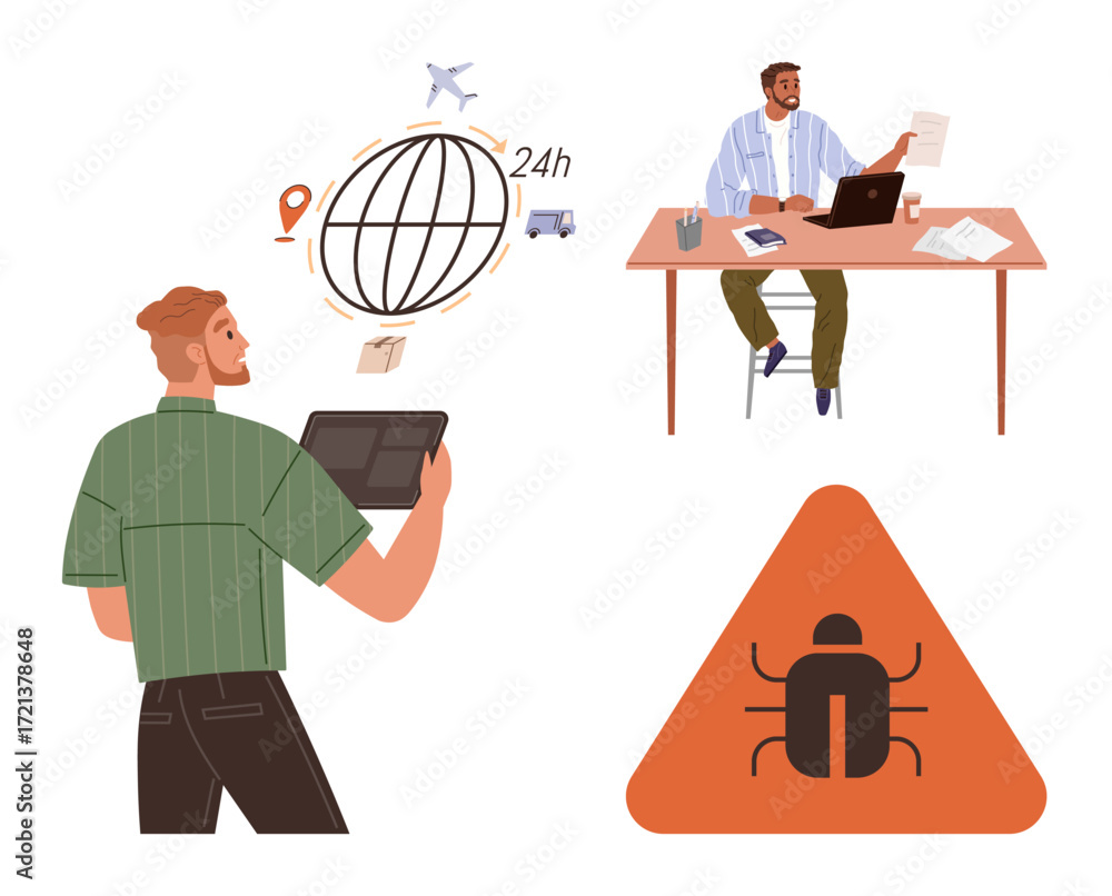 Poster programmer with a tablet analyzing global logistics and 24-hour operations. table with laptop and sy